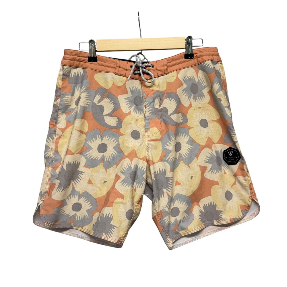 Vissla Board Shorts Mens 32 Orange Floral Upcycled Coconut Stretch Swim Trunks‎